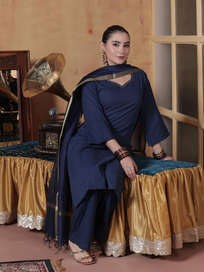 Women Cotton Navy Blue Solid Kurta Comfort Pant Dupatta.
