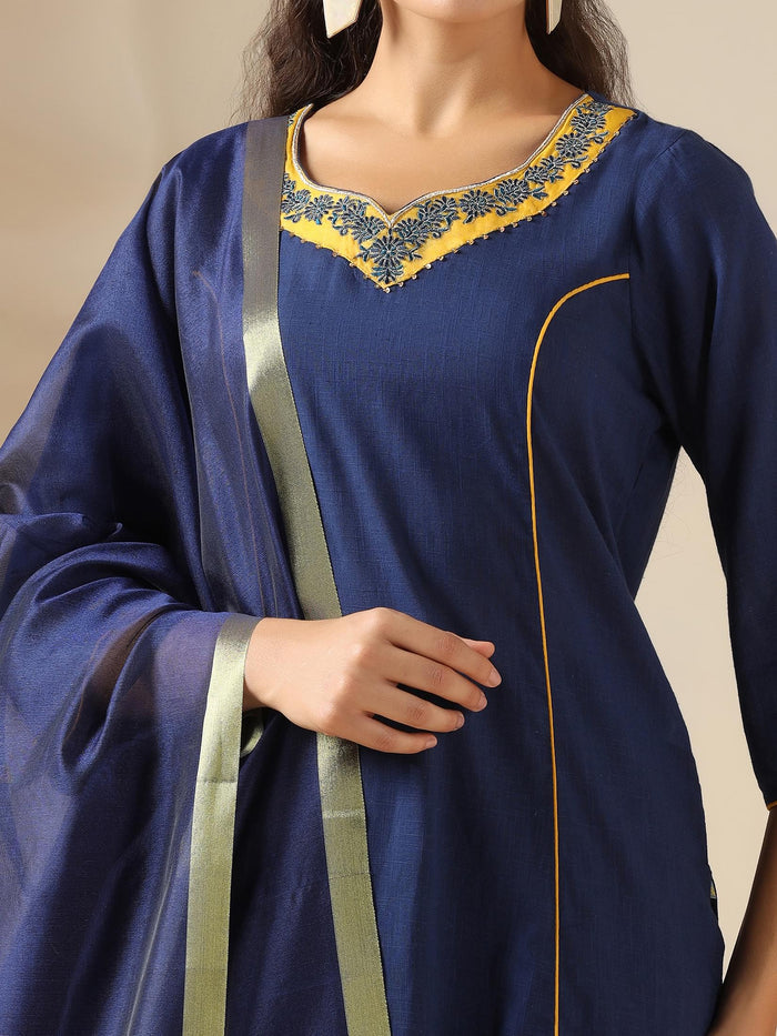 Women Cotton Navy Blue Solid Kurta Comfort Pant Dupatta.