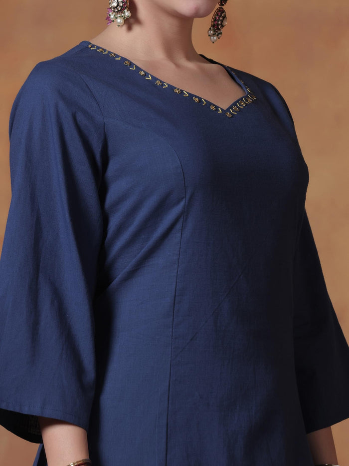 Women Cotton Navy Blue Solid Kurta Comfort Pant Dupatta.