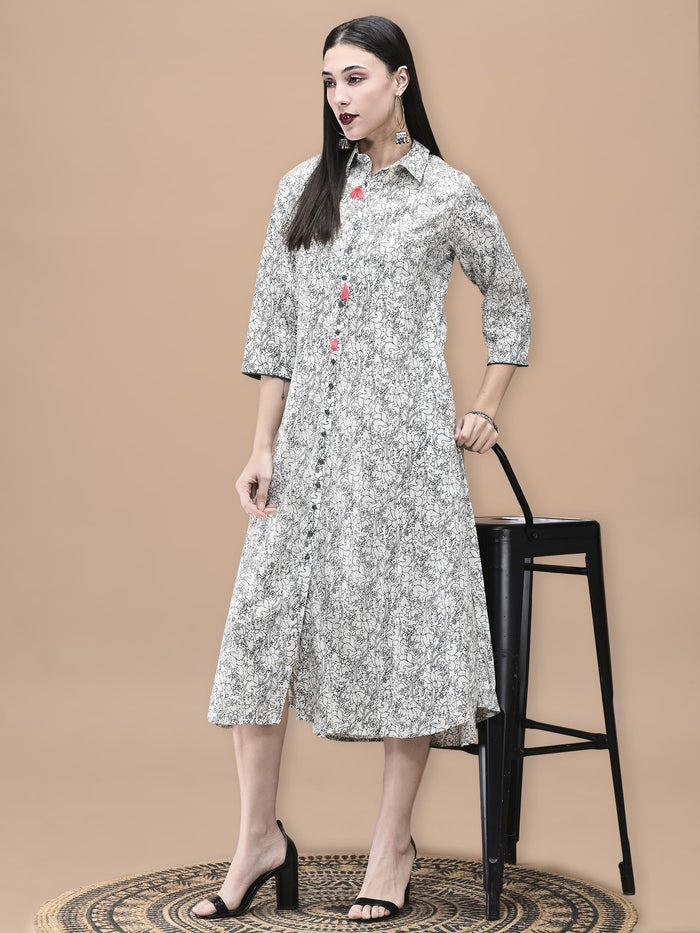 Women Cotton Off White and Blue Floral Print Dress.