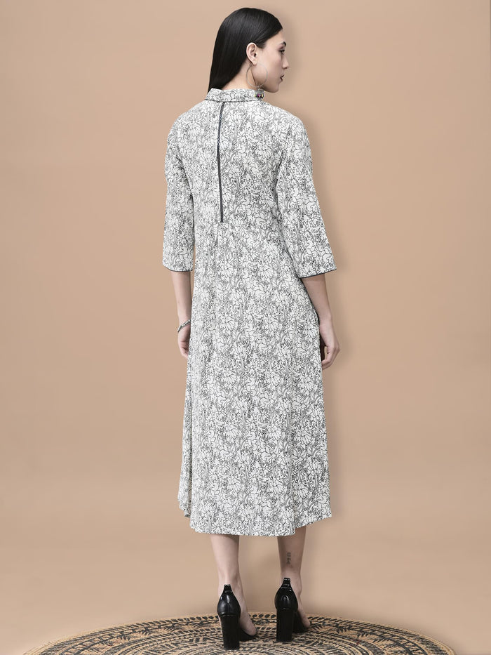 Women Cotton Off White and Blue Floral Print Dress.