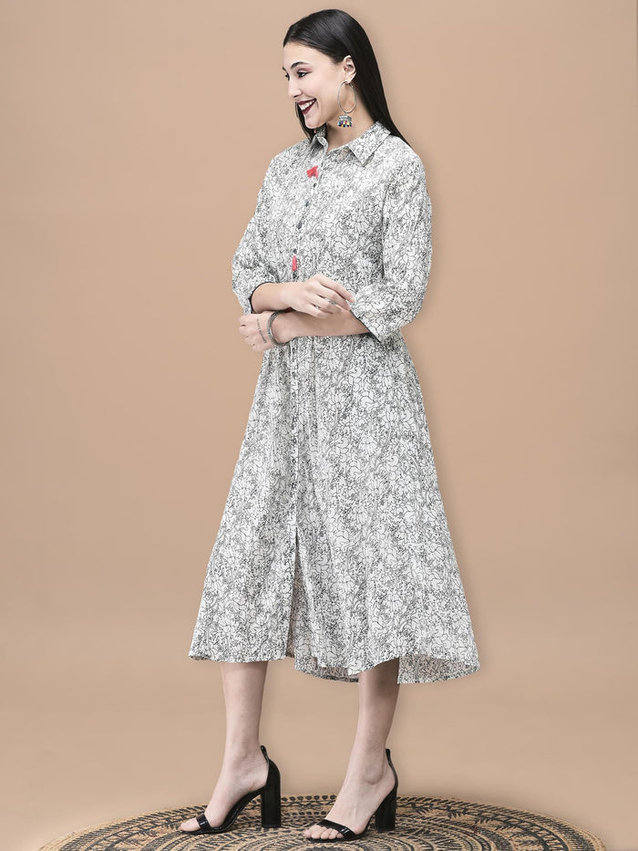 Women Cotton Off White and Blue Floral Print Dress.