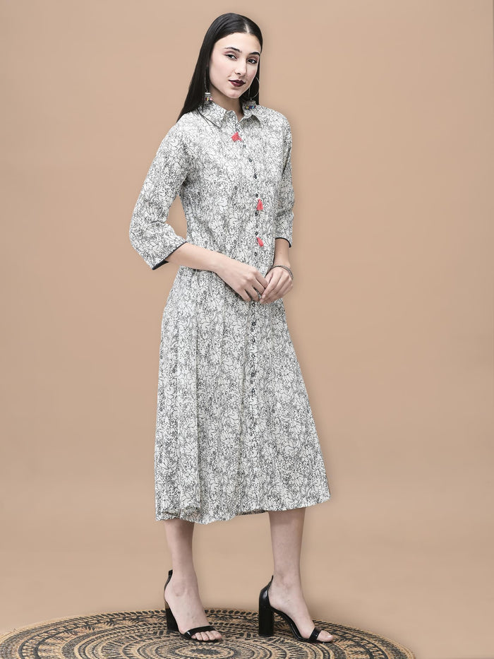 Women Cotton Off White and Blue Floral Print Dress.