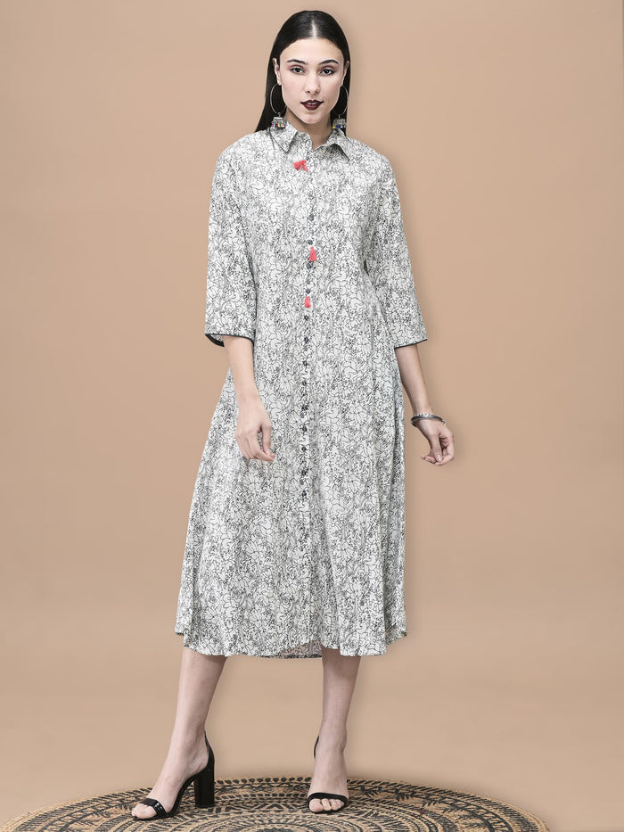 Women Cotton Off White and Blue Floral Print Dress.