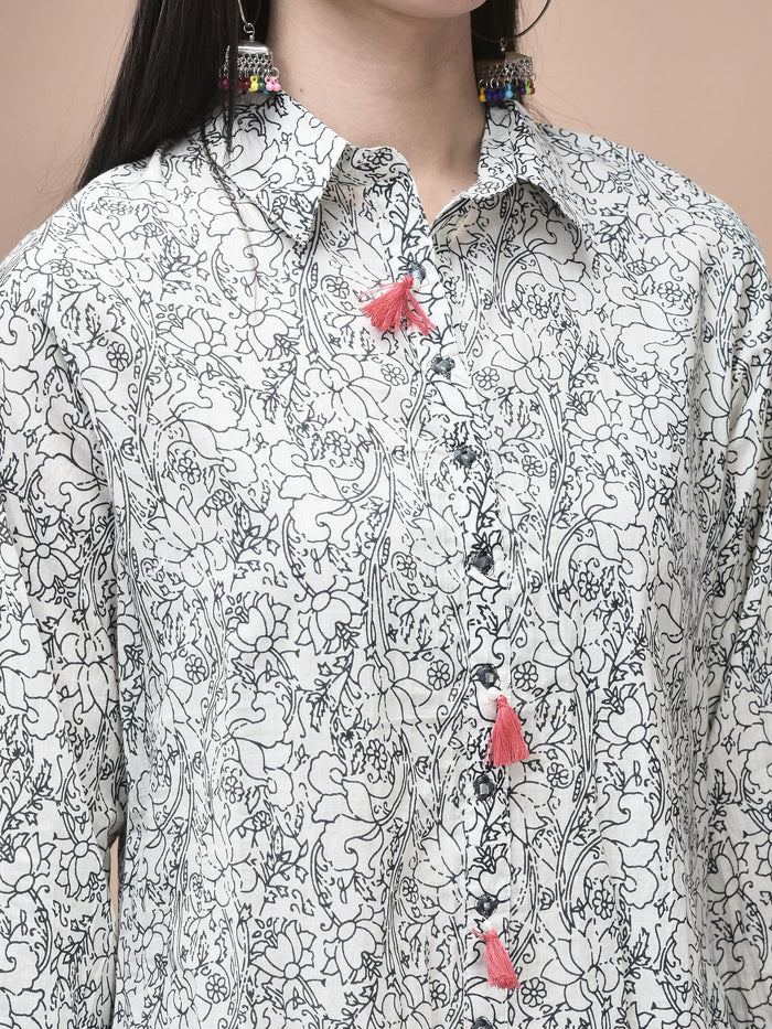 Women Cotton Off White and Blue Floral Print Dress.