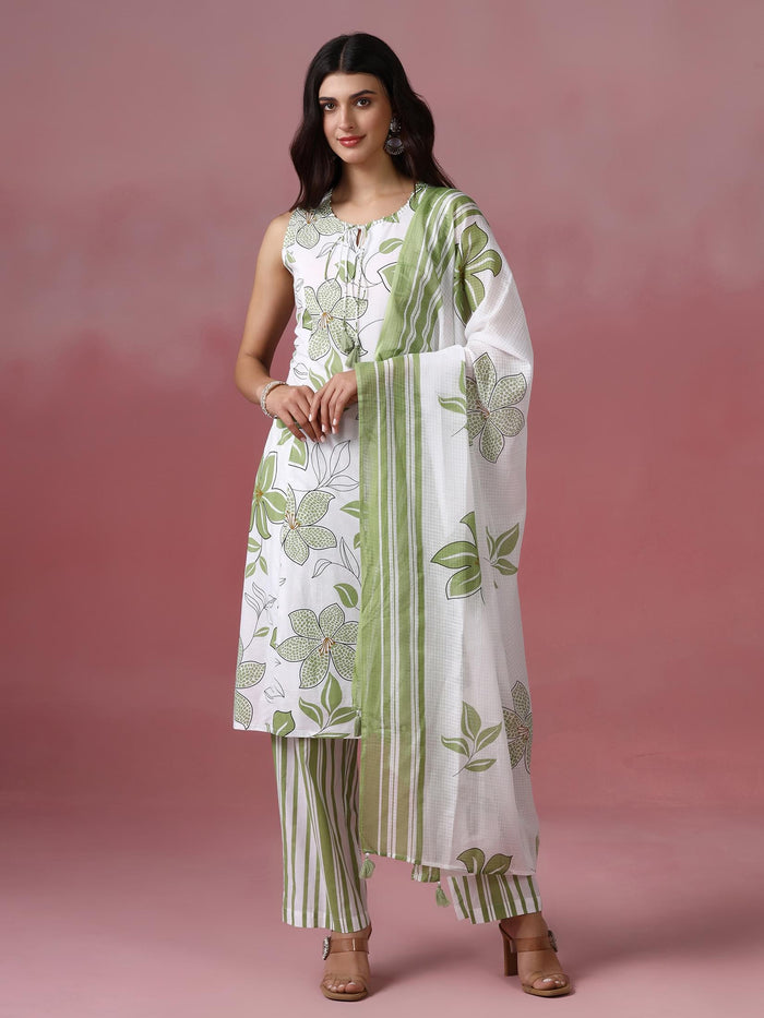 Women Cotton Off white and Green Printed Kurta Comfort Pant Dupatta.
