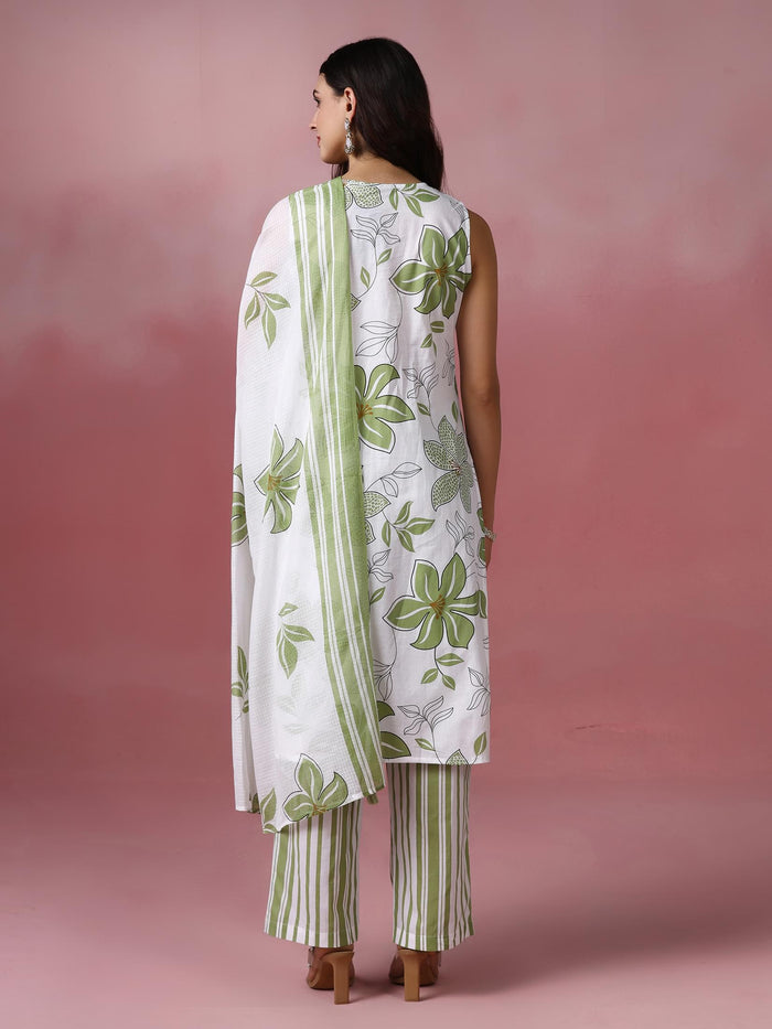 Women Cotton Off white and Green Printed Kurta Comfort Pant Dupatta.
