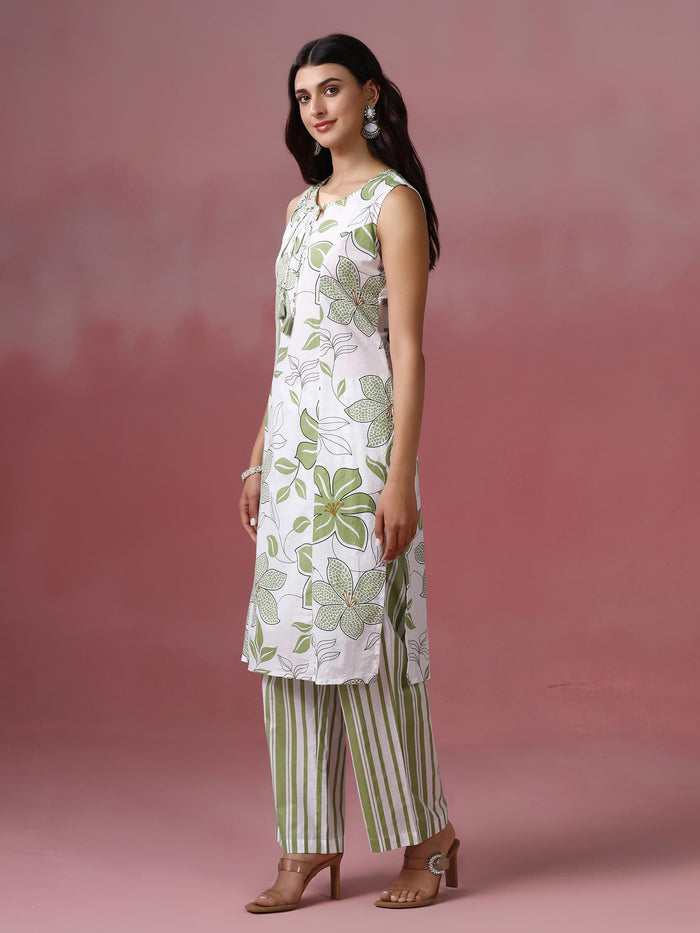 Women Cotton Off white and Green Printed Kurta Comfort Pant Dupatta.