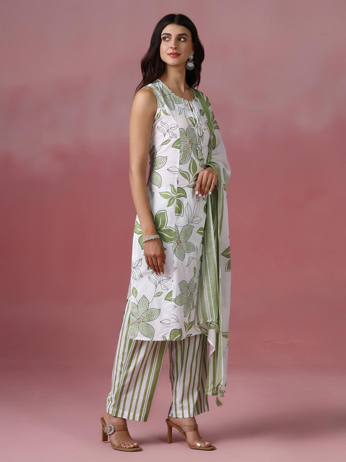 Women Cotton Off white and Green Printed Kurta Comfort Pant Dupatta.