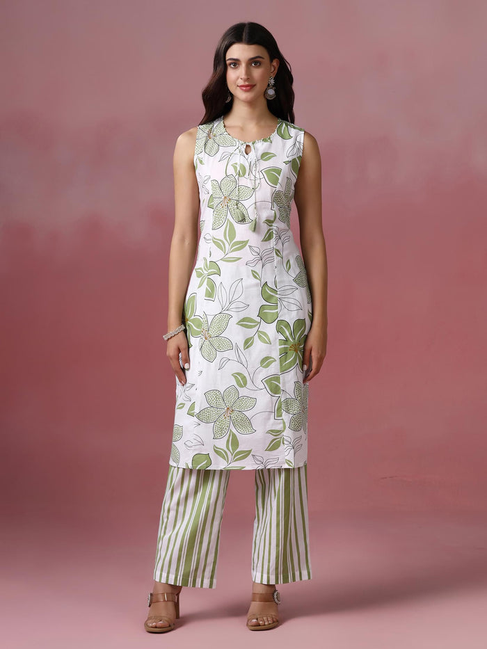 Women Cotton Off white and Green Printed Kurta Comfort Pant Dupatta.