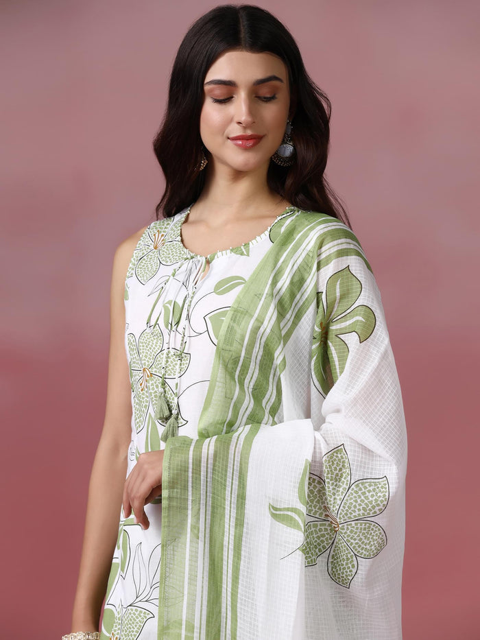 Women Cotton Off white and Green Printed Kurta Comfort Pant Dupatta.