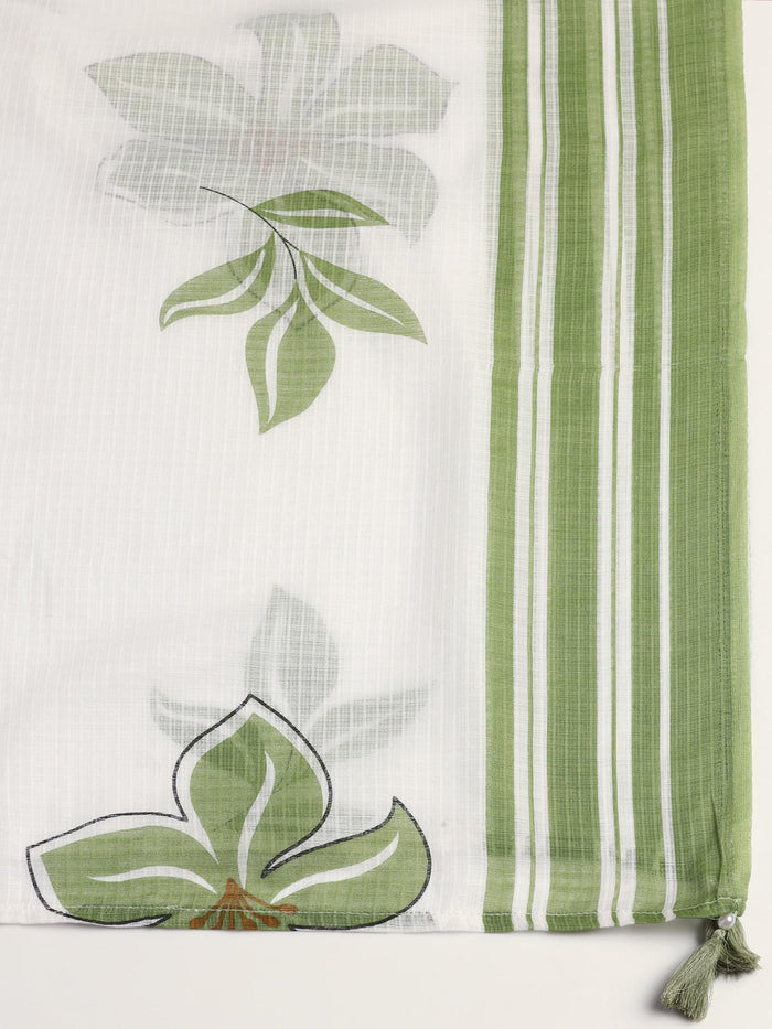 Women Cotton Off white and Green Printed Kurta Comfort Pant Dupatta.