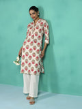 Women Cotton Off white and Pink Floral Print Kurta.