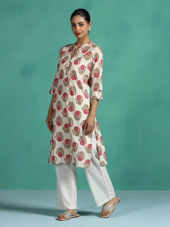 Women Cotton Off white and Pink Floral Print Kurta.