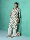 Women Cotton Off white and Teal Floral Print Kurta.