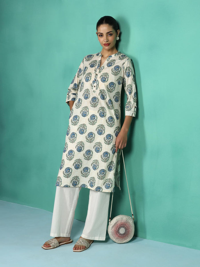 Women Cotton Off white and Teal Floral Print Kurta.