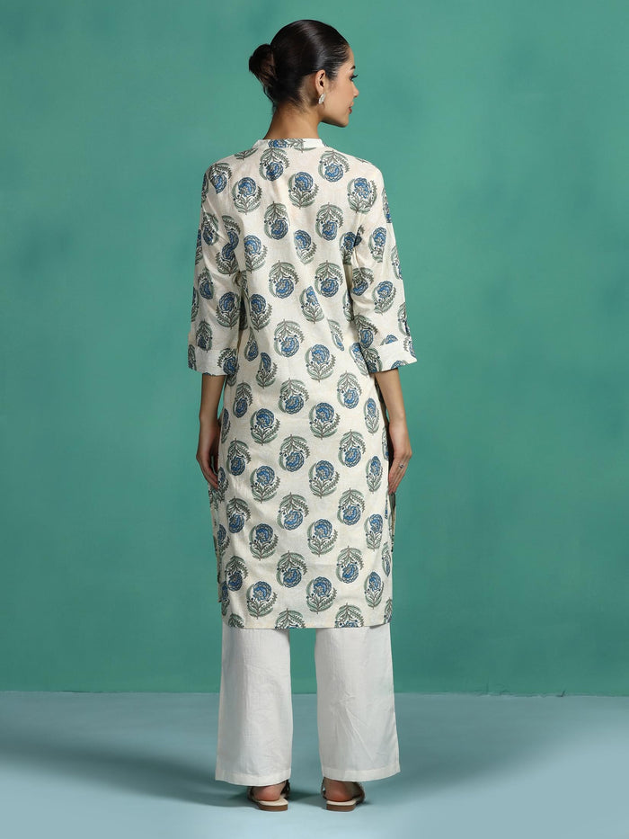 Women Cotton Off white and Teal Floral Print Kurta.