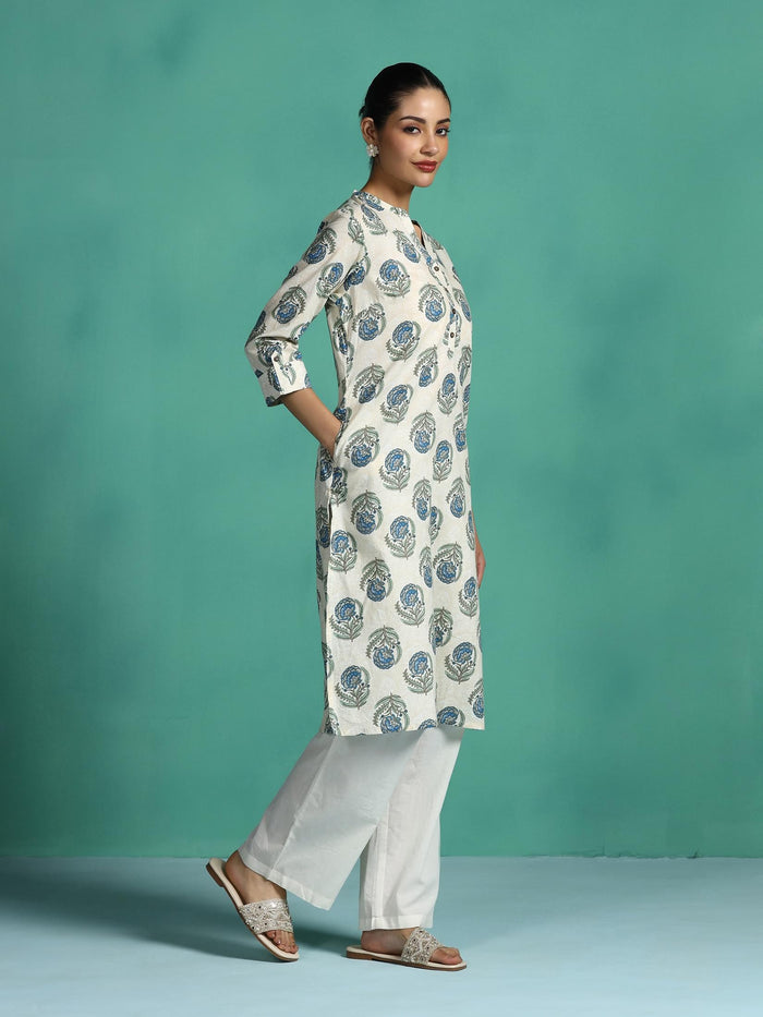Women Cotton Off white and Teal Floral Print Kurta.