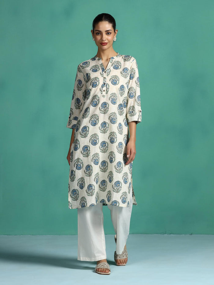 Women Cotton Off white and Teal Floral Print Kurta.