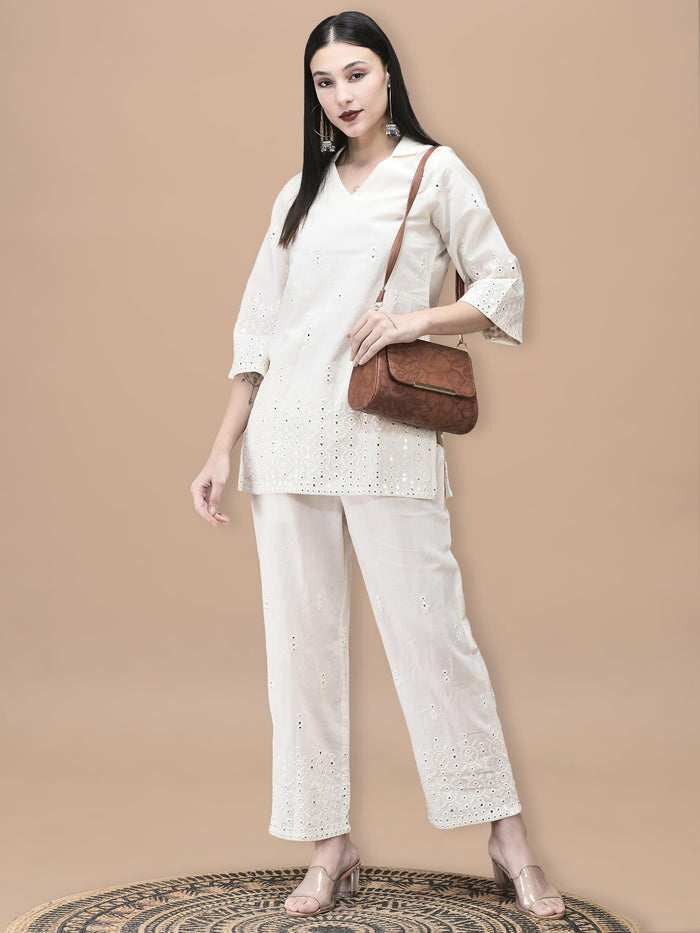 Women Cotton Off White Embroidered Co-Ord Set.