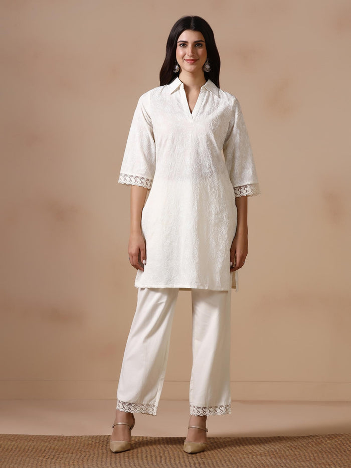 Women Cotton Off White Embroidered Co Ord Set.