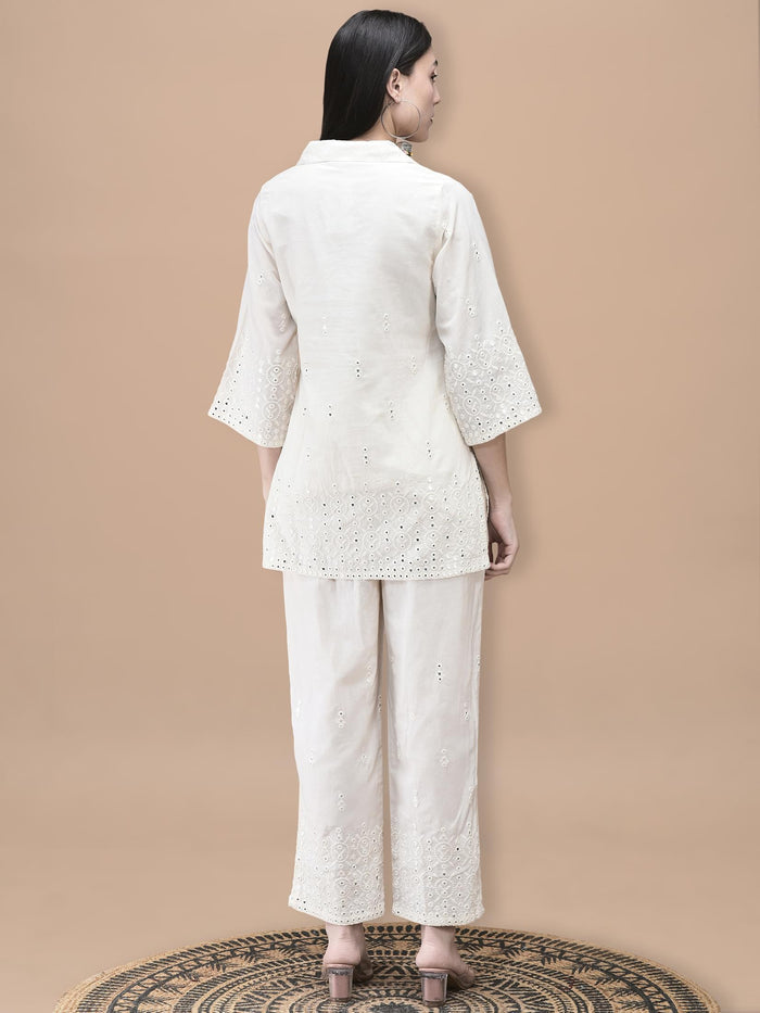 Women Cotton Off White Embroidered Co-Ord Set.