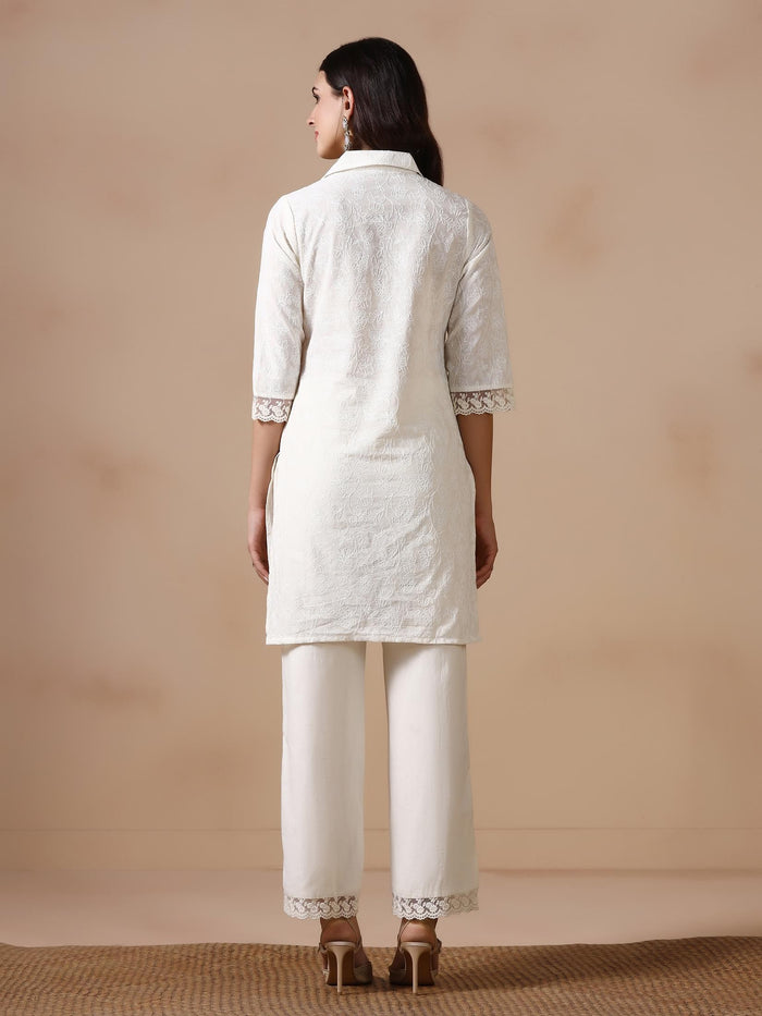 Women Cotton Off White Embroidered Co Ord Set.