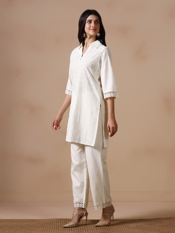 Women Cotton Off White Embroidered Co Ord Set.