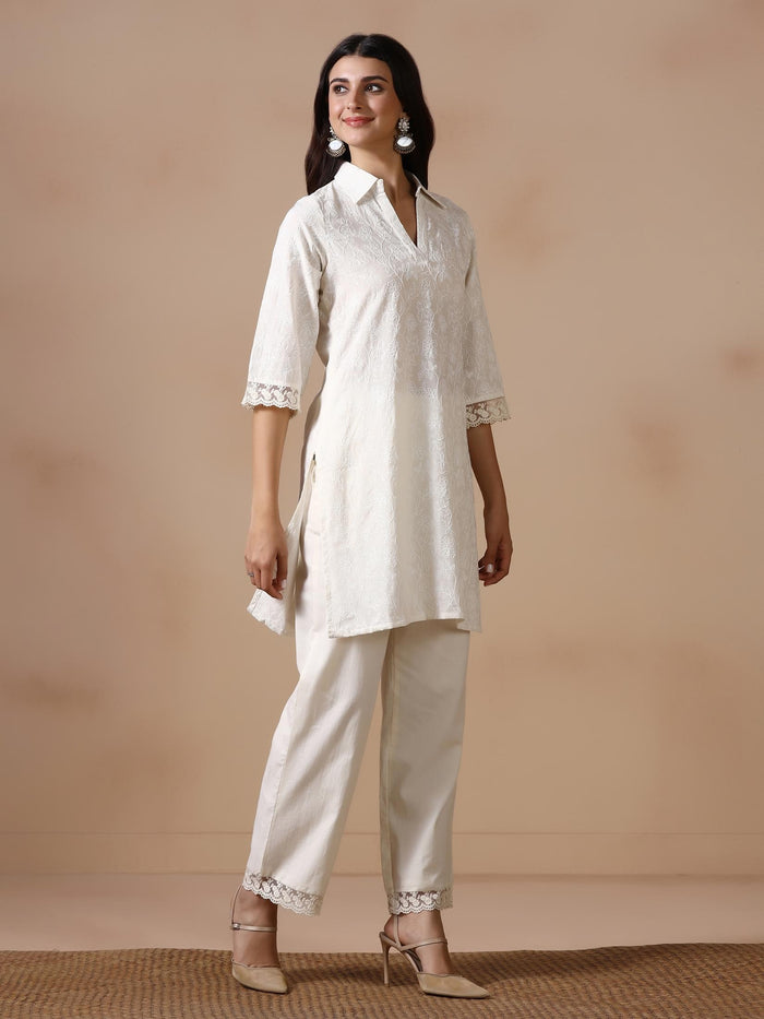 Women Cotton Off White Embroidered Co Ord Set.