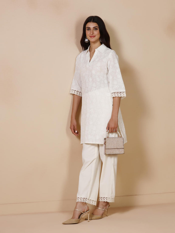 Women Cotton Off White Embroidered Co Ord Set.