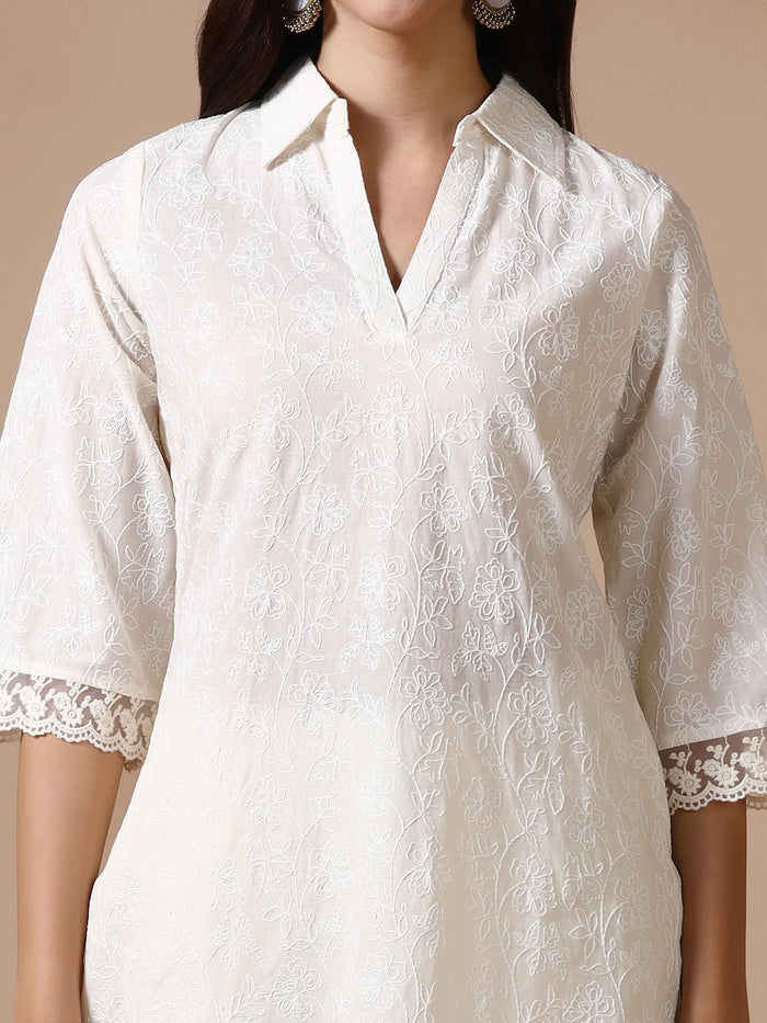Women Cotton Off White Embroidered Co Ord Set.