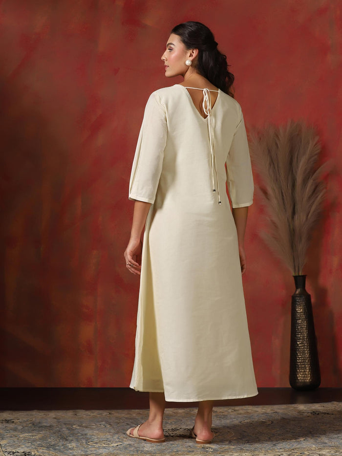 Women Cotton Off White Embroidered Dress.