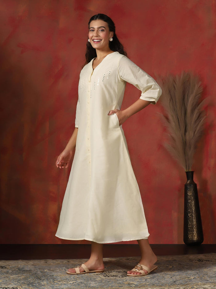 Women Cotton Off White Embroidered Dress.