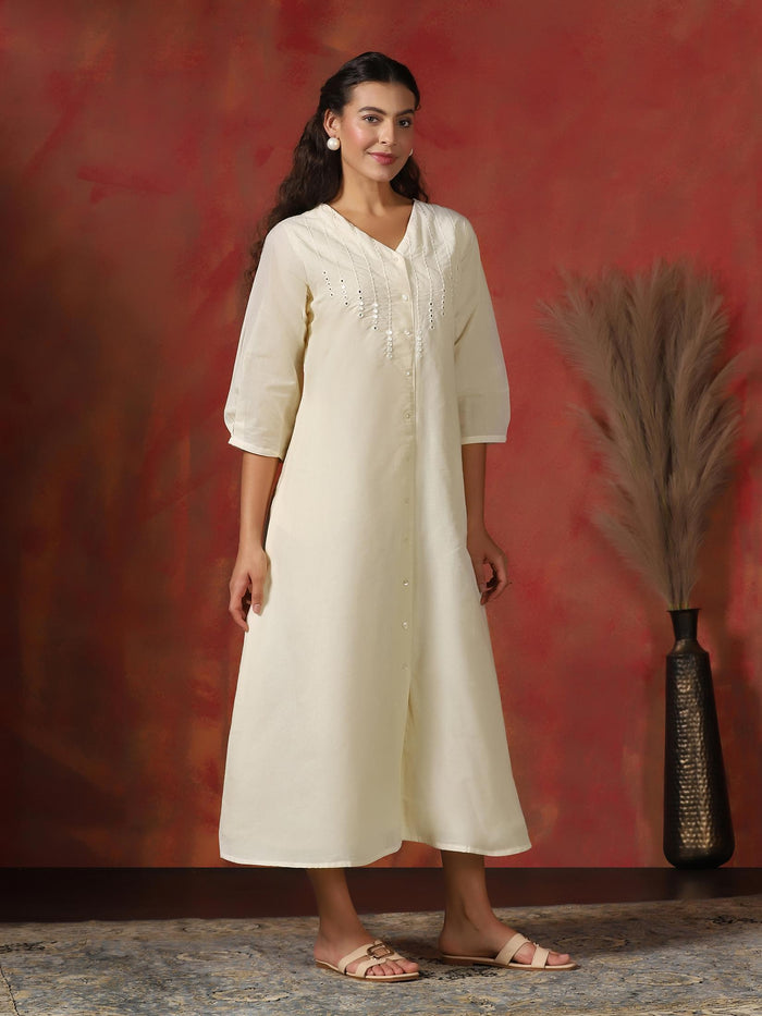 Women Cotton Off White Embroidered Dress.