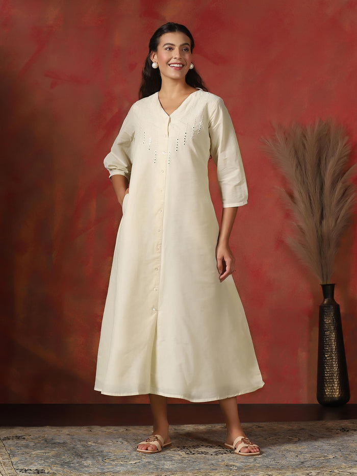 Women Cotton Off White Embroidered Dress.