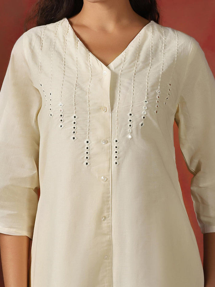 Women Cotton Off White Embroidered Dress.