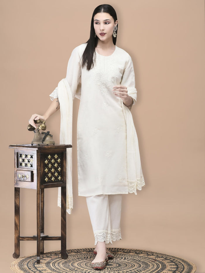 Women Cotton Off White Embroidered Kurta Comfort Pant Dupatta.