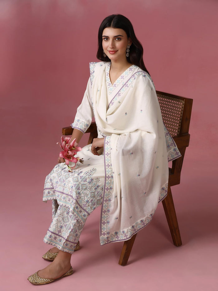Women Cotton Off White Embroidered Kurta Comfort Pant Dupatta.