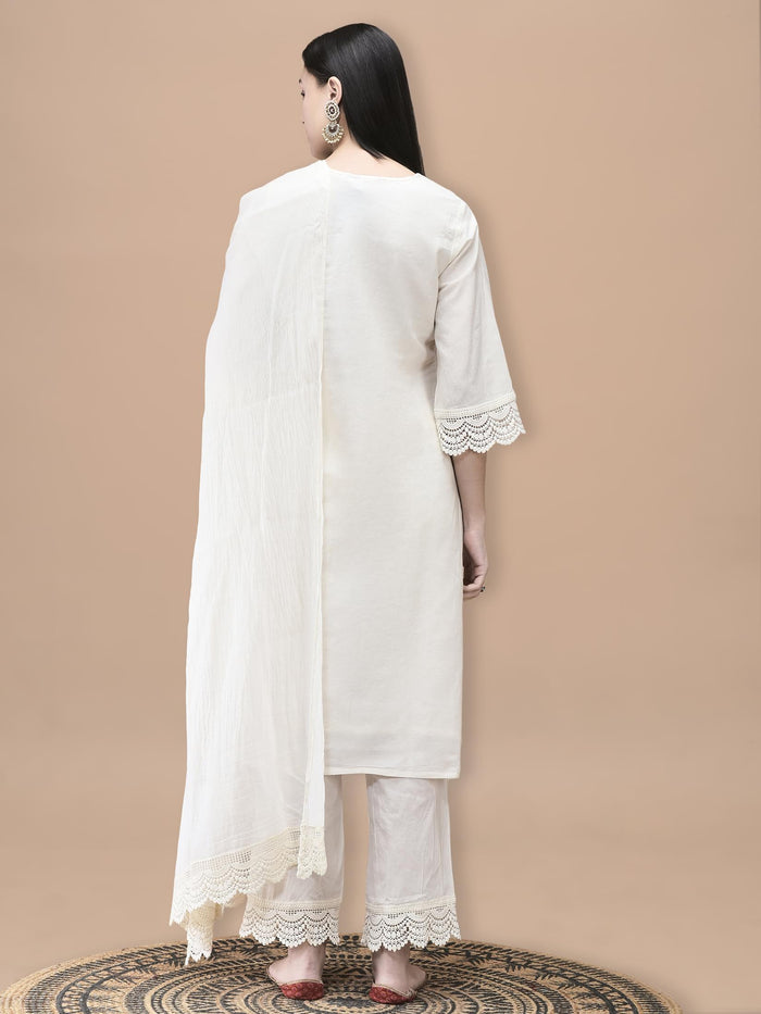 Women Cotton Off White Embroidered Kurta Comfort Pant Dupatta.