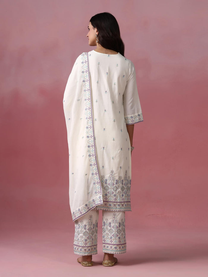 Women Cotton Off White Embroidered Kurta Comfort Pant Dupatta.