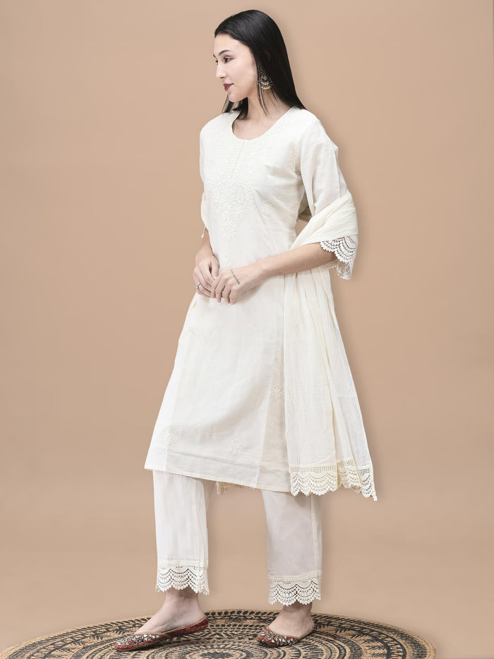 Women Cotton Off White Embroidered Kurta Comfort Pant Dupatta.