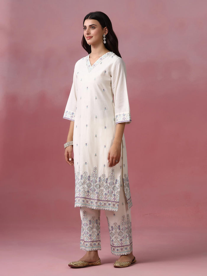 Women Cotton Off White Embroidered Kurta Comfort Pant Dupatta.
