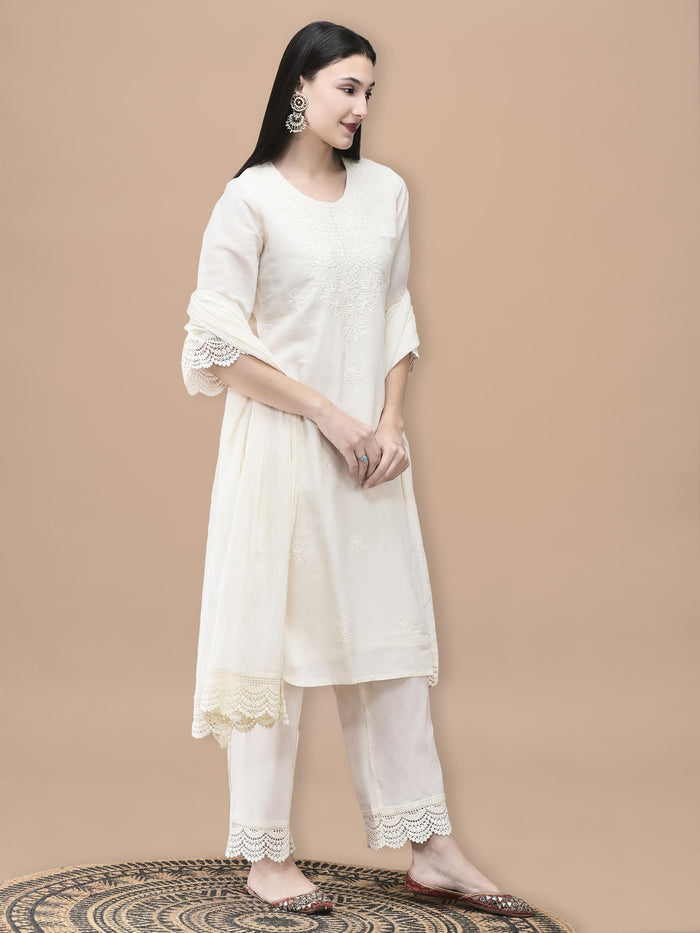 Women Cotton Off White Embroidered Kurta Comfort Pant Dupatta.