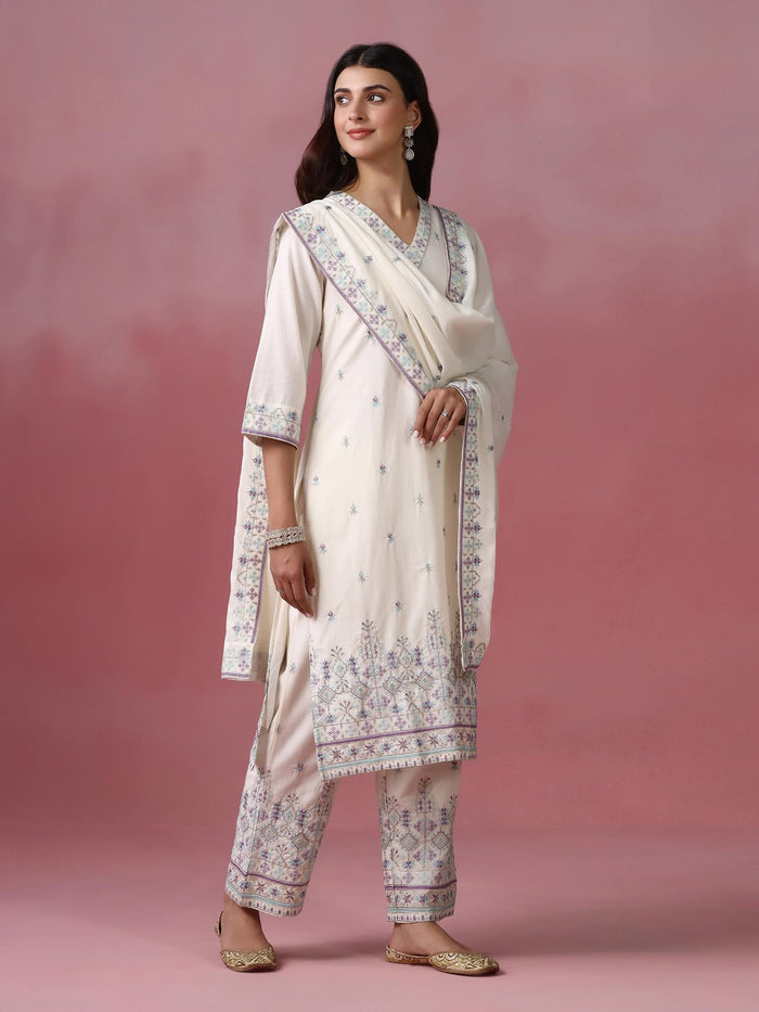 Women Cotton Off White Embroidered Kurta Comfort Pant Dupatta.