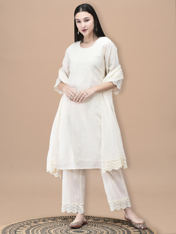 Women Cotton Off White Embroidered Kurta Comfort Pant Dupatta.