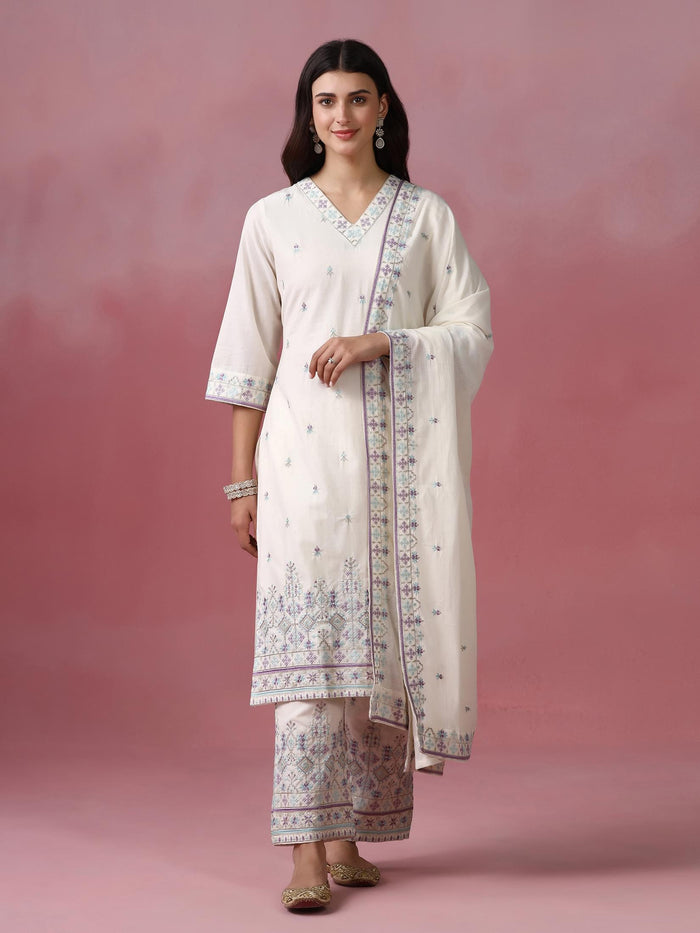 Women Cotton Off White Embroidered Kurta Comfort Pant Dupatta.