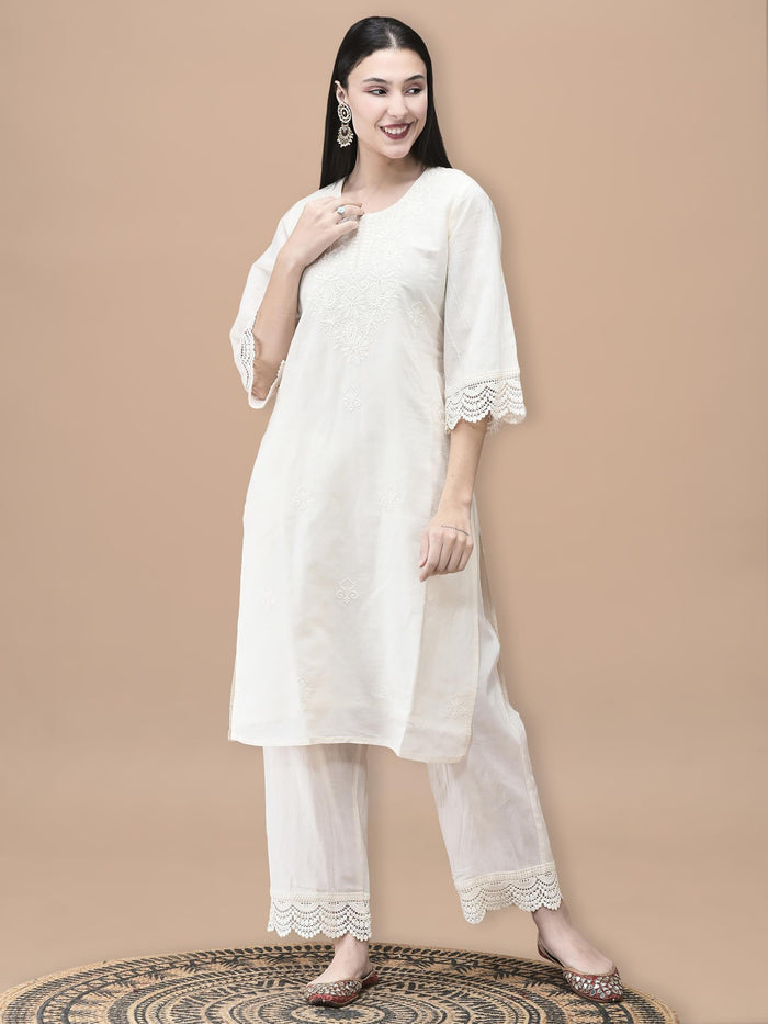 Women Cotton Off White Embroidered Kurta Comfort Pant Dupatta.
