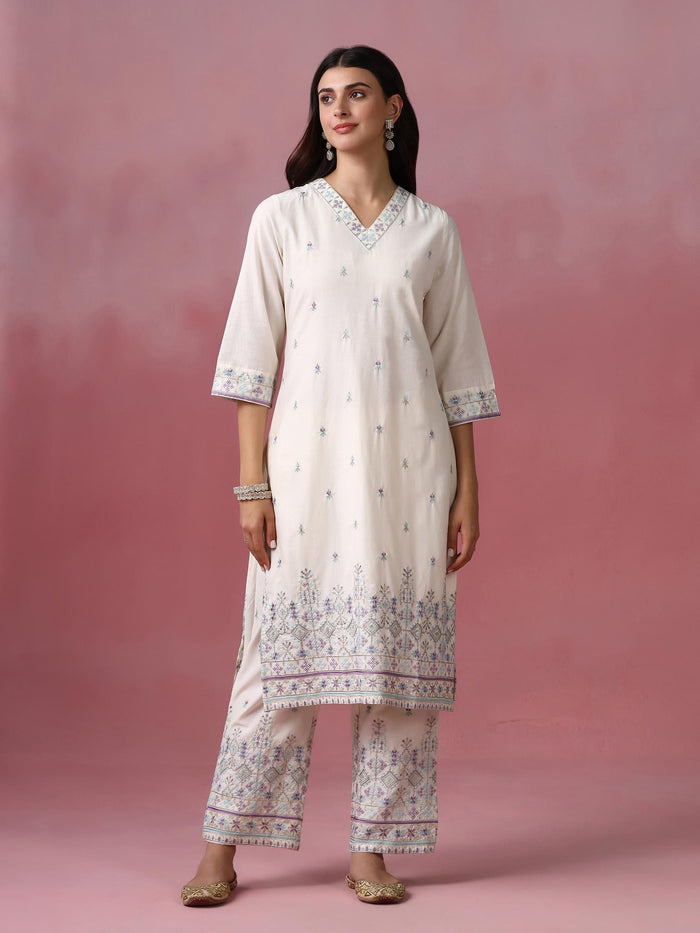Women Cotton Off White Embroidered Kurta Comfort Pant Dupatta.