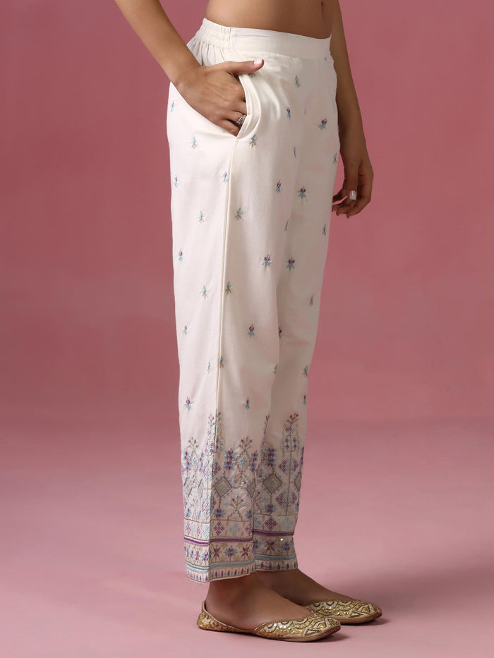 Women Cotton Off White Embroidered Kurta Comfort Pant Dupatta.