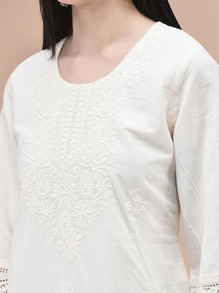 Women Cotton Off White Embroidered Kurta Comfort Pant Dupatta.